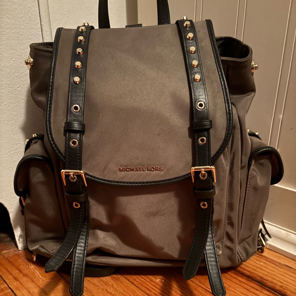 Michael Kors Leila Flap Medium Nylon Backpack Bag Green /Gold Studs NWT